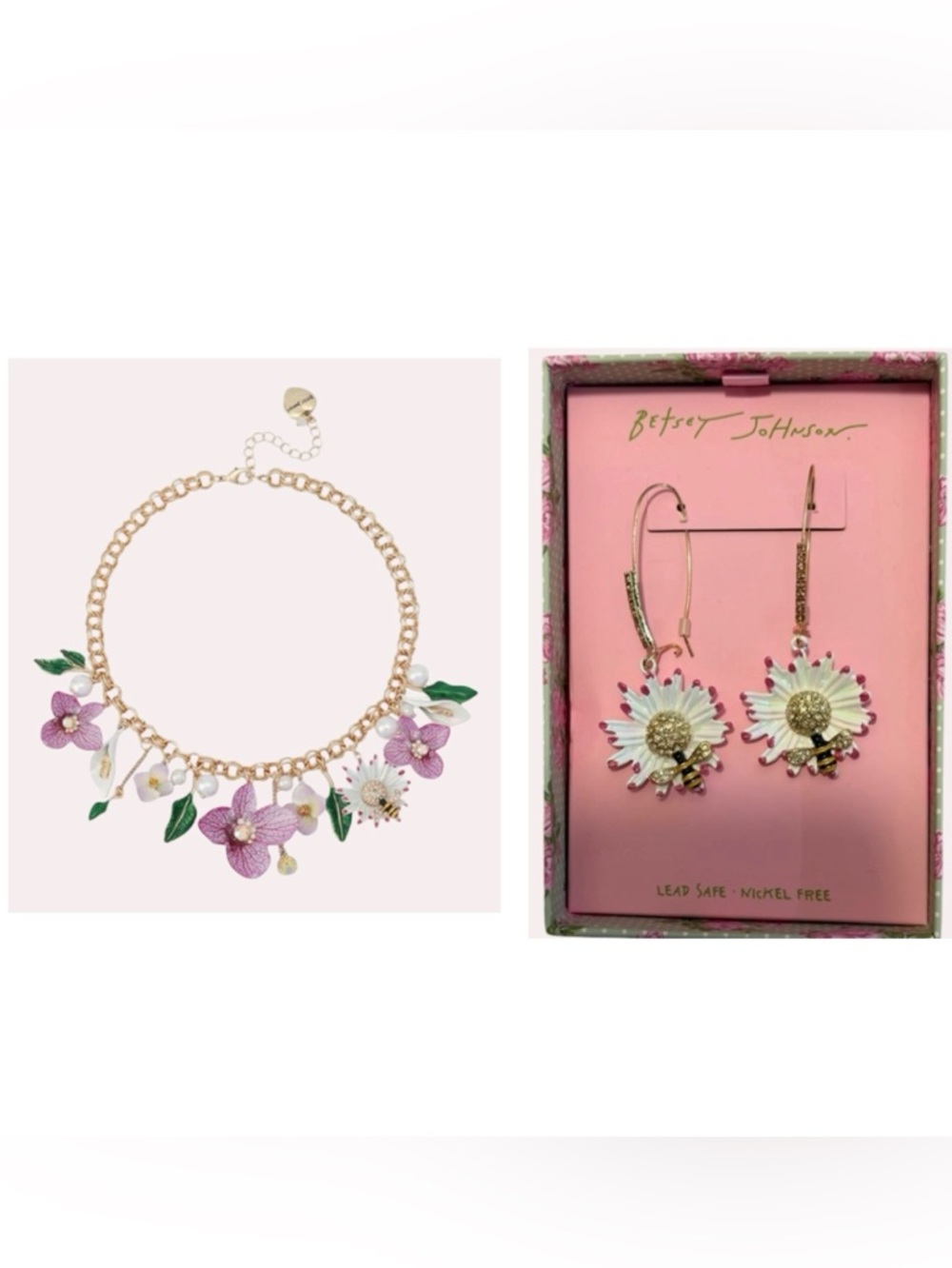 BETSEY JOHNSON SET Flower Bouquet and Bumblebees Necklace & Earrings NEW NWT